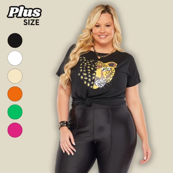 T-shirt Plus Size Onça Cores Moda Blogueira Manga Curta