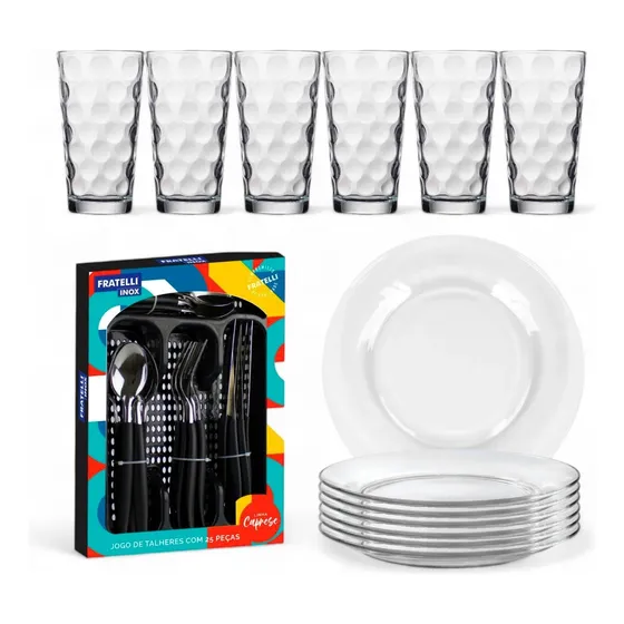 Kit 37 Pcs 6 Pratos 6 Copos Vidro + Faqueiro Multiuso Casa