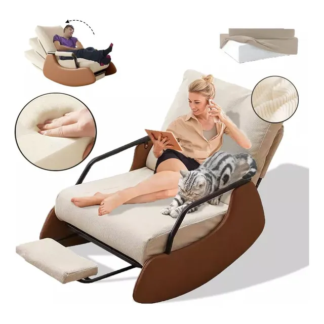 Sillones Modernos Ergonómicas, Mecedoras Silla Modernas Con Reposapiés, Reposapiés Retráctil Ajustable Y Respaldo, Silla Mecedora Tapizada De Peluche, Sillones Mecedores, Sala De Estar Recámara,Beige