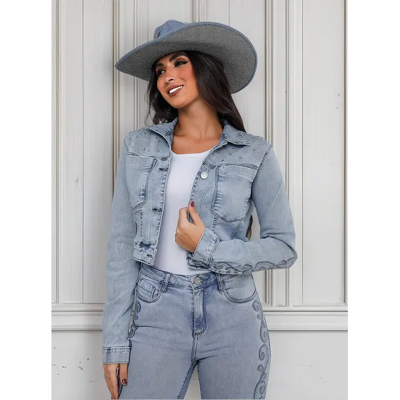 Jaqueta Jeans Cropped Feminina Bordado E Aplicação 24318 Cla