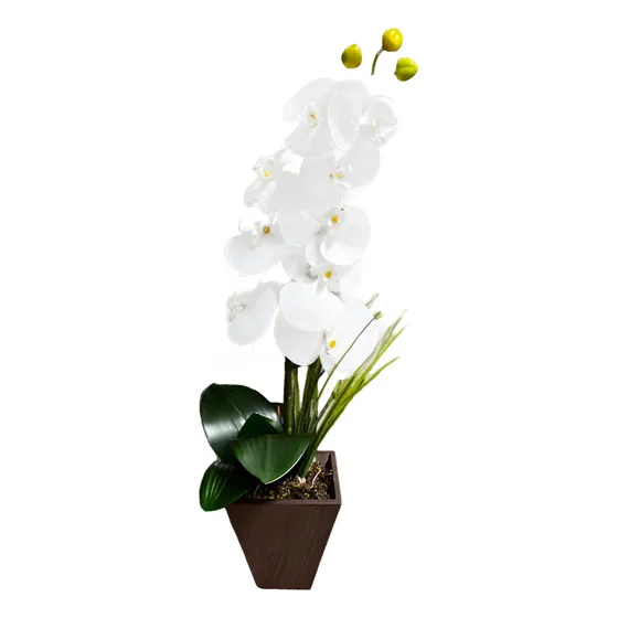 Arranjo Artificiais Orquídea Branca Silicone Vaso Rustico 02