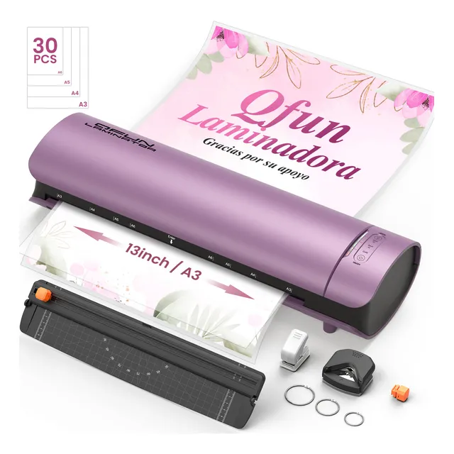 Laminadora Enmicadora 6 en 1 de 13 Pulgadas para Tamaños Carta A4 Oficio Legal Tabloide A3 con Cortador de Papel y 30 Micas Qfun ML-MX-LAMINATOR-SL999-PU