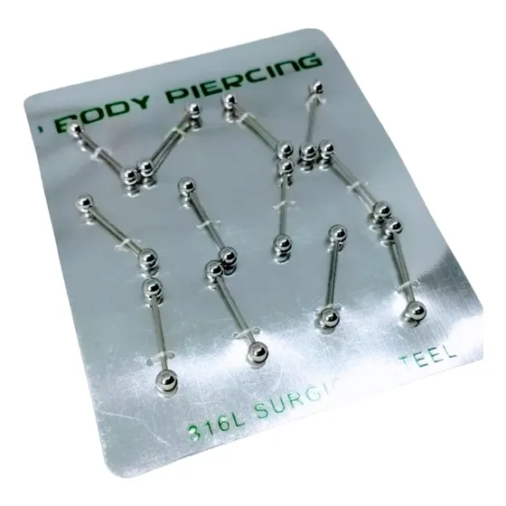 Piercing De Lingua 24mm Prata Aço 12 Unid/ Cartela Unissex