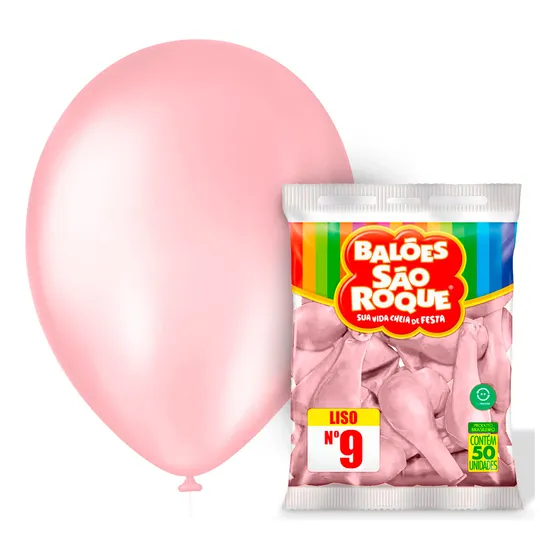 Cor - Balão Liso São Roque - Tamanho 9 - 50 Unidades Cor Rosa Baby