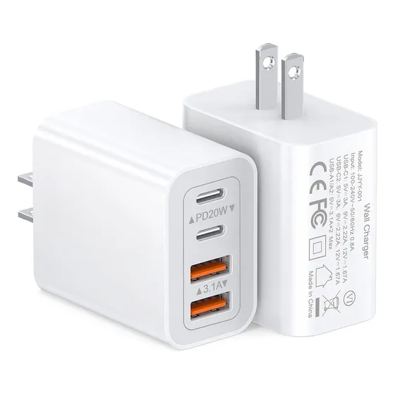 Cargador De 4 Puertos Usb 45w Adaptador Clavija Enchufe Cubo 2 Puertos Usb-c 20w +2 Puertos Usb-a Compatible Con Samsung Galaxy S24/s23/s22/s21 Se/iPhone 16/15/14/13/12/11 Se Blanco Jeeyee