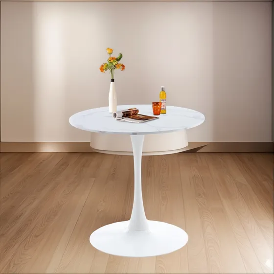 Mesa Redonda Moderna 70cm Diámetro Simil Mármol Estilo Bar