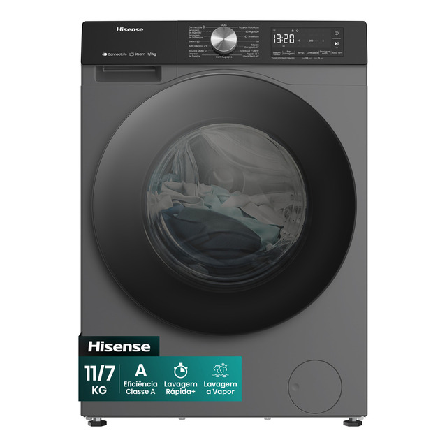 Hisense Lava E Seca, 11kg Lavagem/7kg Secagem, Wi-fi, Steam, 13 Programas, Motor Inverter,... Hisense Lava E Seca, 11kg Lavagem/7kg Secagem, Wi-fi, Steam, 13 Programas, Motor Inverter,...