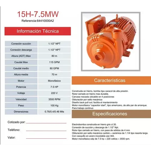 Bomba Centrifuga Ihm Mod 15h-7,5mw De 7,5hp 220 Volt 1 Ph