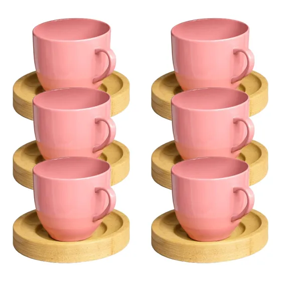 Jogo Xícaras Café Com Pires Madeira 12 Peças Porcelana 95ml