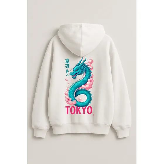 Buzo Blanco Oversize Estampado Dragón Japonés Tokyo  Unisex
