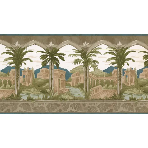 Papel Tapiz Patron Vintage Edificio Palma Montaña Para Casa