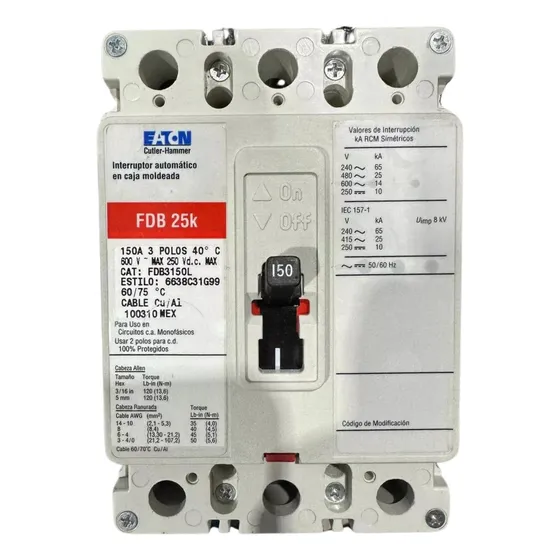 Interruptor Termomagnetico Eaton Fdb3150l 3x150amp