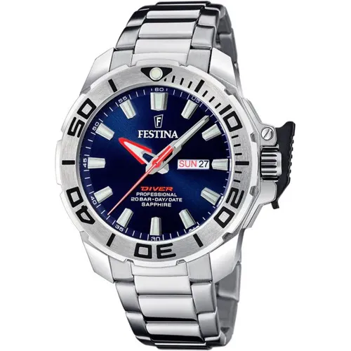 Reloj Festina Buceo 200m Zafiro F20665.1 Malla Plateado Bisel Plateado Fondo Azul