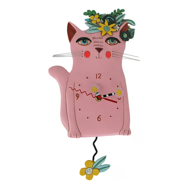 Allen Designs Reloj Pared Pendulo Gato Floral Rosa Pretty