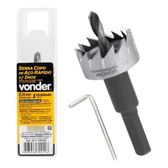 Serra Copo Aço Rápido P/ Inox Vonder 26 Mm C/ Broca Piloto 