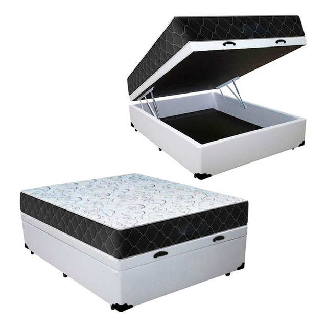 Cama Baú Casal 138 Sintético Branco Com Colchão Marrocos Cama Baú Casal 138 Sintético Branco Com Colchão Marrocos