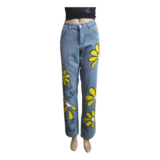 Jeans Mujer Pintada A Mano Flores Amarillas Floricienta