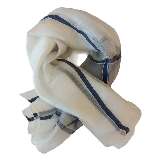 Pañuelo De Lino Mezclado Con Líneas Azules En Bordes Blanco Liso Unica