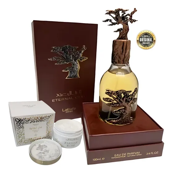 Perfume Arabe Eternal Oud Lattafa 100ml Original + Creme Fakhar Rose 200ml Isabelle La Belle