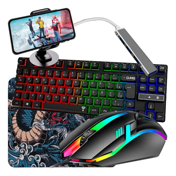 Kit Mobilador Mageon Gamer Preto Com Teclado E Mouse Led Rgb