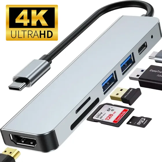 Hub Usb 3.0 Adaptador Usb-C Dock Multiportas 7 em 1 HDMI 4k