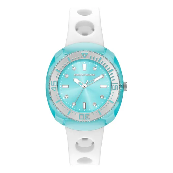 Reloj Mujer Sr6319 De Silicona Blanco Skechers Bisel Azul Fondo Azul