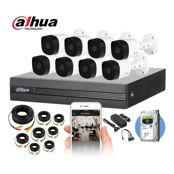 Kit Cctv 8 Cámaras Bullet 1080p Ip67 Dvr 8ch + Disco 1tb KIT-XVR1B08-1T-8xB1A21N-0360B Dahua blanco