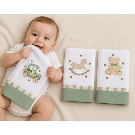 Fraldas De Boca Bordadas Kit 3 Fraldinhas Macias Algodão. Verde