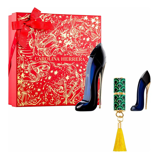 Kit presente Carolina Herrera contendo perfume Good Girl 80ml, miniatura 7ml, batom Fabulous Kiss 741 Nude Supreme e caixa comemorativa vermelha.