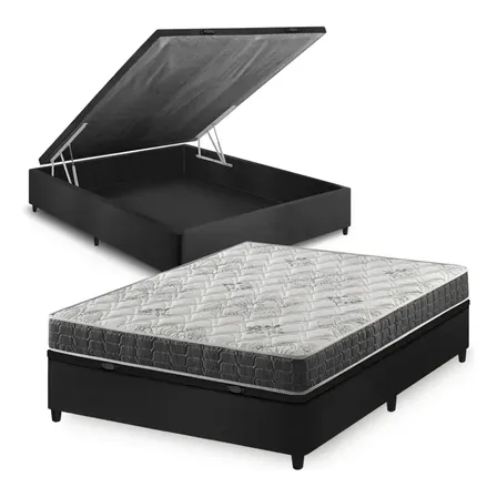 Cama Box Baú Casal Preto + Colchão Espuma D33 Ortopédico Zidi San Francisco 138x188x59cm