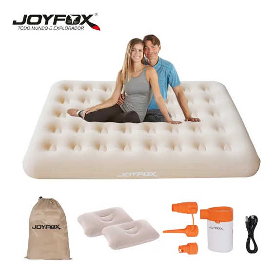 Joyfox Colchão Inflável Duplo Portátil Com Travesseiro E Bomba De Lítio Portátil 191x137x22 Cm Creme - Ideal Para Acampamentos, Atividades Ao Ar Livre E Viagens