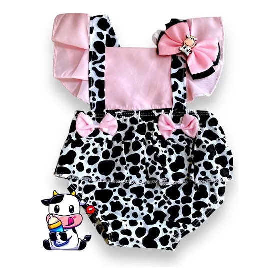 Jardineira Body Romper  Vaca Fazendinha Bezerrinha + Faixa 