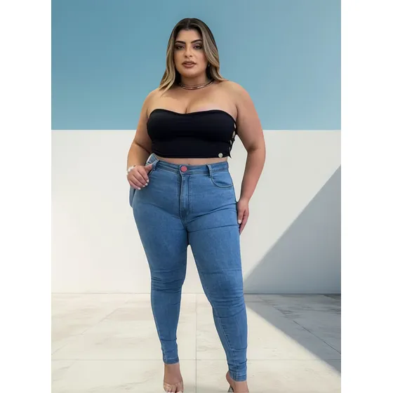 Calça Jeans Feminina Plus Size Skinny Cós Alto Com Lycra