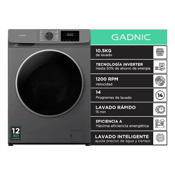 Lavarropas Automatico Gadnic Carga Frontal 10.5 kg Inverter 1200 RPM 14 Programas Clase A Funcion
