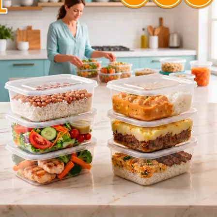 Kit 6 Potes 1 Litro Retangular BPA Free Transparente Plástico Com Tampa Para Alimentos Marmita Fitness Apto Micro-ondas E Lava-louças Reutilizável Cozinha Geladeira Ponte Lar Utilidades