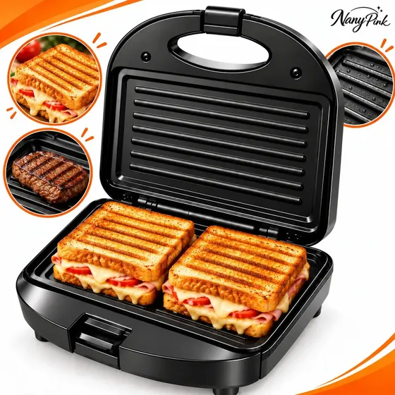 Sanduicheira Elétrica Nany Pink 2 em 1 para Sanduíches e Grill Antiaderente