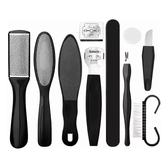 GIEVULEO 10pcs Corta Cuticula Profesional Negro Lima para Pies Doble Superficie Removedores de Callos Kit para Unas Navaja Pedicure Profesional