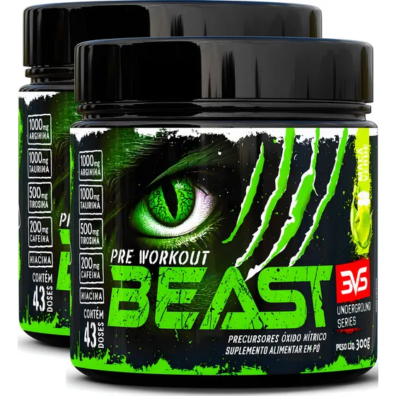2 Potes Do Pré Treino Beast 300g Sabor Maçâ Verde Promove Vasodilatação Recuperação Energética Aumento De Óxido Nítrico Desintoxicação E Melhora De Concentração E Foco
