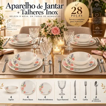 Jogo de Jantar Nhame 28 Peças Floral para 4 Pessoas com Pratos e Bowls em Vidro Opalino