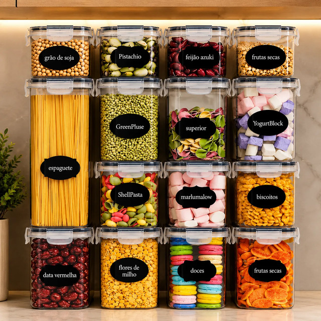 Kit com 15 potes herméticos de plástico transparente empilhados, contendo diversos mantimentos como espaguete, massas, biscoitos, macarons e frutas secas, todos etiquetados e organizados em uma prateleira.