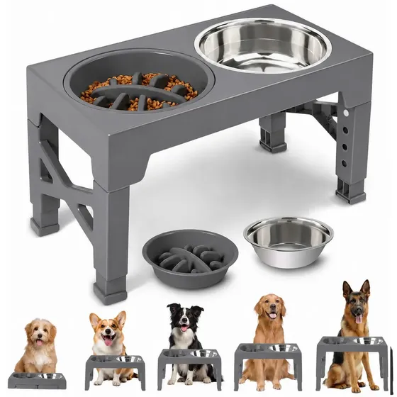 Comedouro Duplo Elevado para Gatos e Cães com Tigelas em Aço Inoxidável, Ajustável e Anti-Engasgo