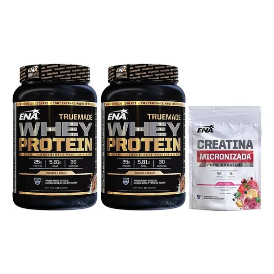 True Made Whey Protein X2 2,05 Lb Sabor Cookies + Creatina Micronizada Saborizada 300g sabor Fruit Punch