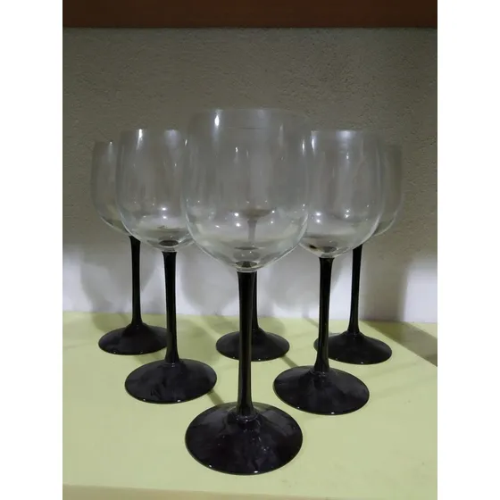 6 Copas Vino Blanco Cristal Arte Murano Base Negra Oferta