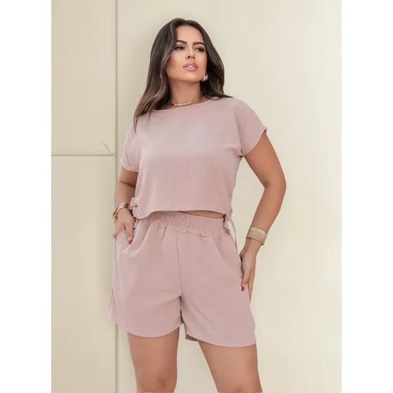 Conjunto Feminino Cropeed E Shorts Em Duna Tendência