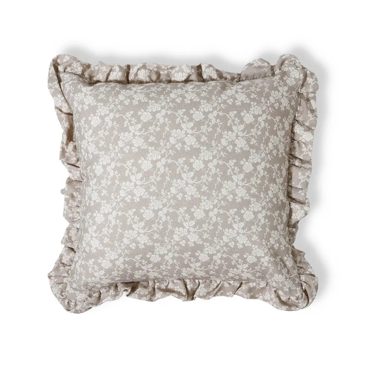 Capa de Almofada Estampada com Babados Floral Dora Bege 100% Algodão 43x43cm Capa de Almofada Estampada com Babados Floral Dora Bege 100% Algodão 43x43cm