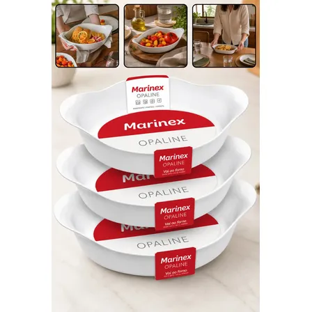 Kit 3 Travessas Marinex Opaline Oval 3 Tamanhos Forma De Vidro Temperado Branco Alta Resistência Térmica Jogo De Assadeiras Vai ao Forno Microondas Geladeira Freezer Qualidade Premium Fácil de Limpar