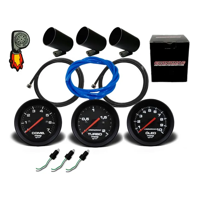 Kit Com 3 Manometros Vw Gol Turbo Cronomac Preto + Brindes