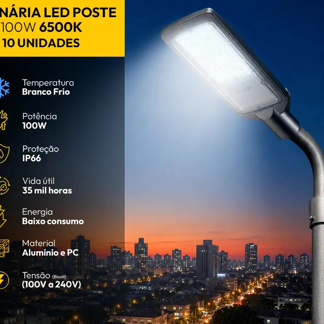 Kit 10 Luminaria Led Poste Rua Publica 100w 6500k 1200lm 110v/220v Bivolt Dps 5kv Alta Resistencia A Impacto Ik07 Ip66 Proteção Contra Surto Alut000902 Alut By Avant 127/220v