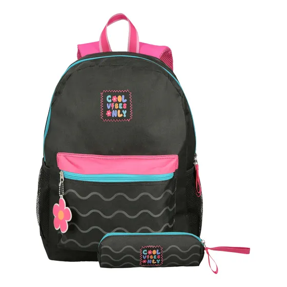 Mochila Escolar Bagcherry Con Cartuchera 18l Mujer Color Negro 440008 Diseño De La Tela Liso