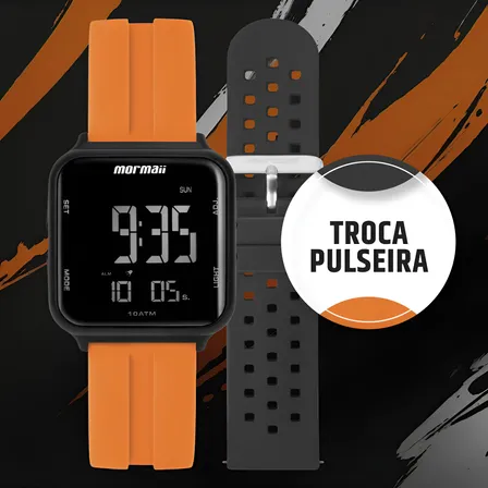 Relógio Digital Masculino Feminino Unisex Preto E Laranja Com Pulseira De Silicone Modelo Troca A Pulseira À Prova D' Água Esportivo Mormaii Mo6600an/t8l - Kit Com 2 Pulseiras